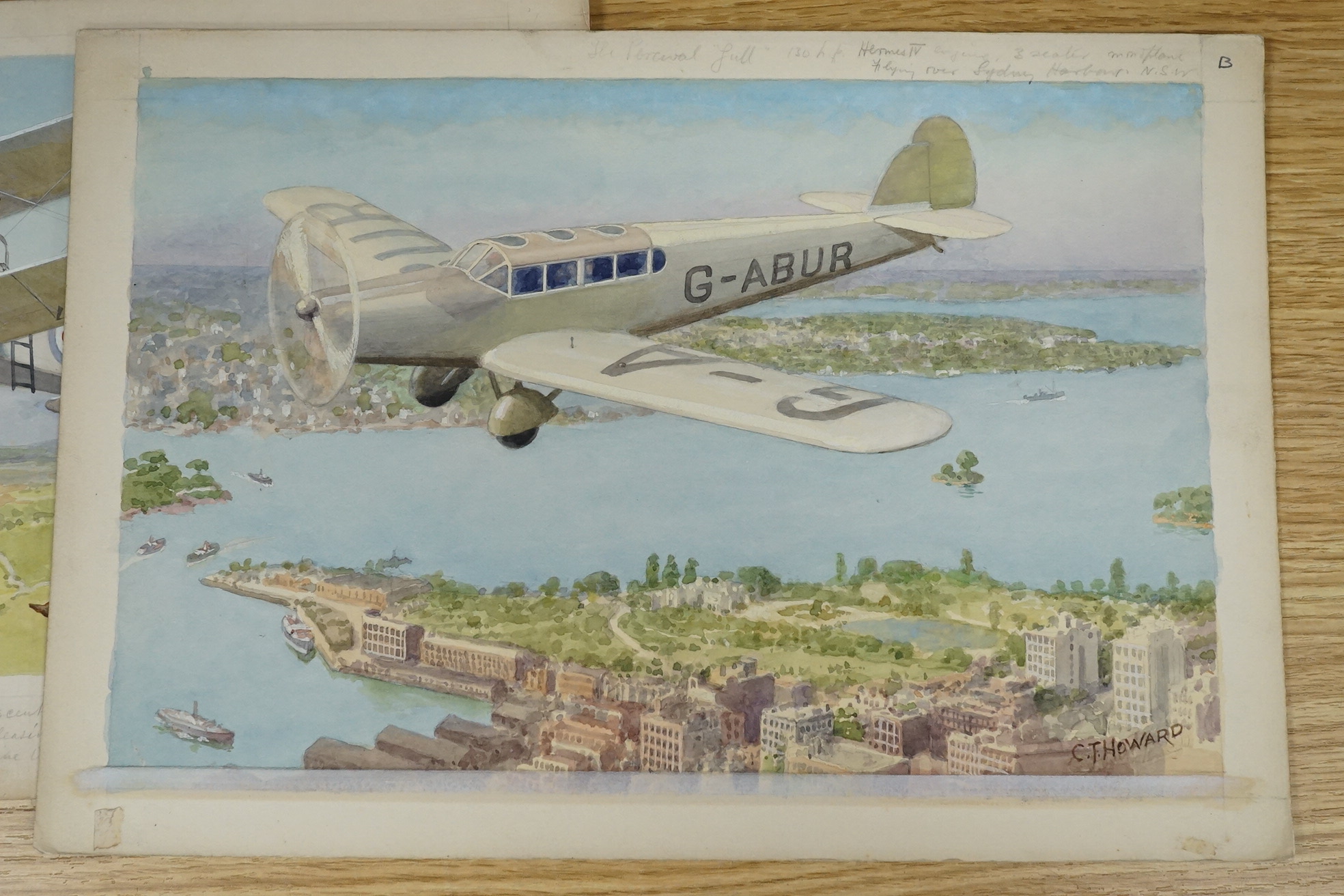 Charles Thomas Howard (1865-1942), set of four original watercolours for postcard designs, vintage aircraft, to include Monospar ST-25 and Percival Gull over Sydney, two signed, 21 x 32cm, unframed. Condition - fair to g